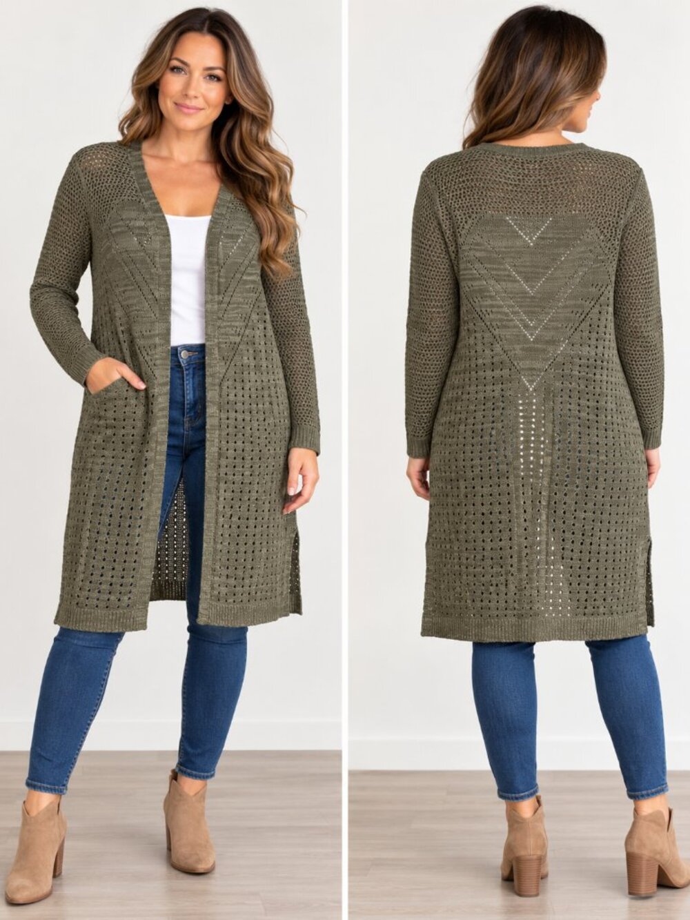 Cato XL Olive Green Open Knit Longline Duster Cardigan Boho